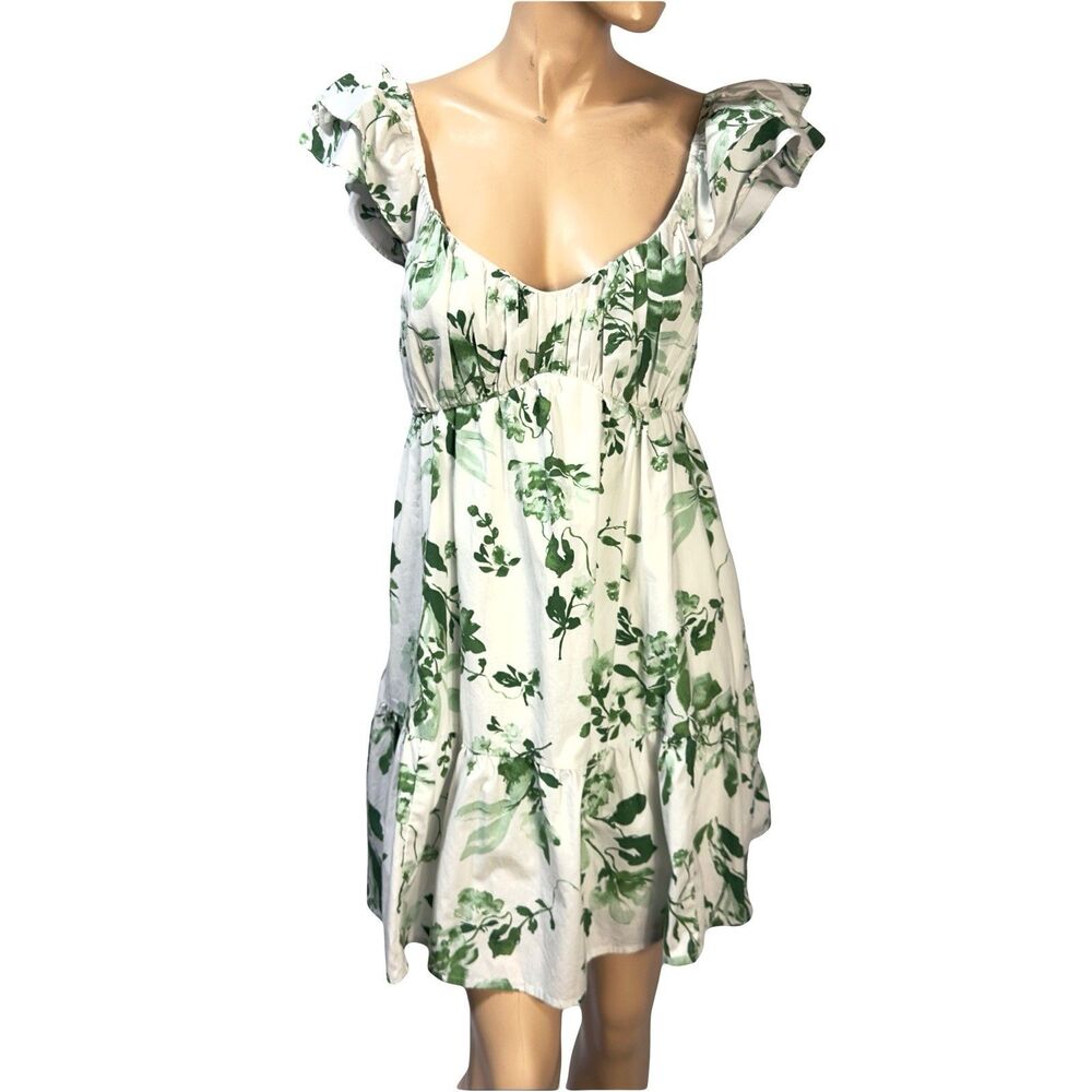 Abercrombie & Fitch Babydoll Dress Women S T Tall White Green Floral Ruffle